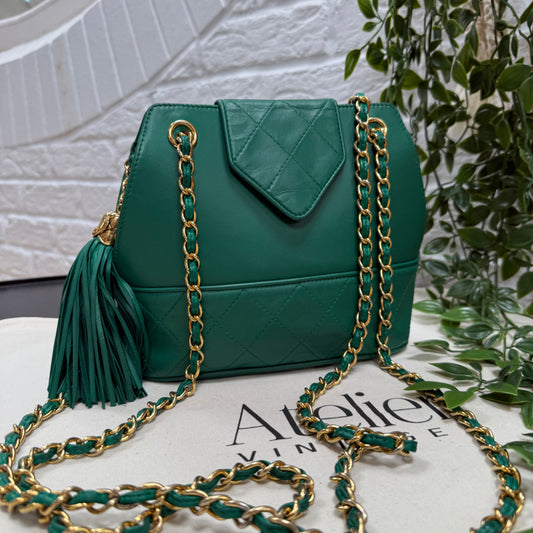 Chanel 1989 Emerald Green Cross Body Envelope Flap tassel bag