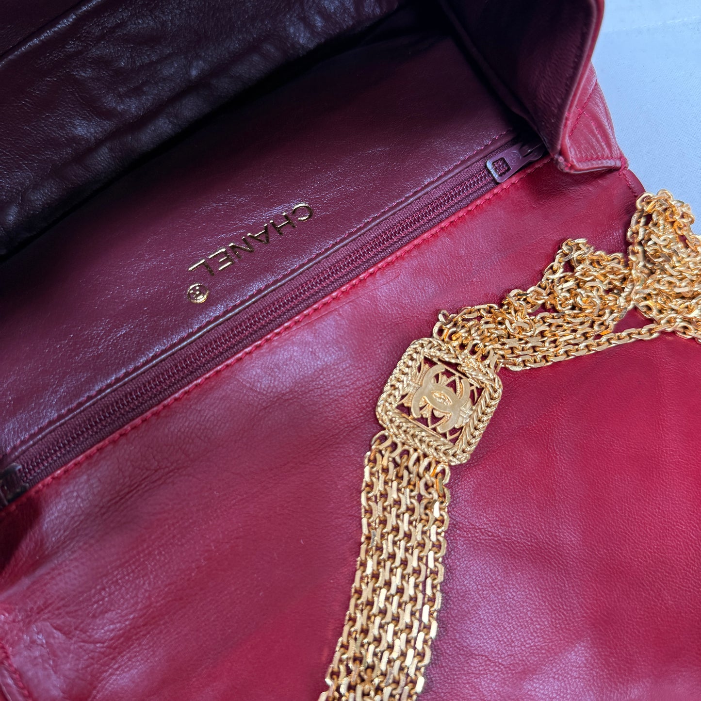 Chanel ULTRA RARE 1986 Single Flap with six strand 24k gold plated chain with CC logo stations