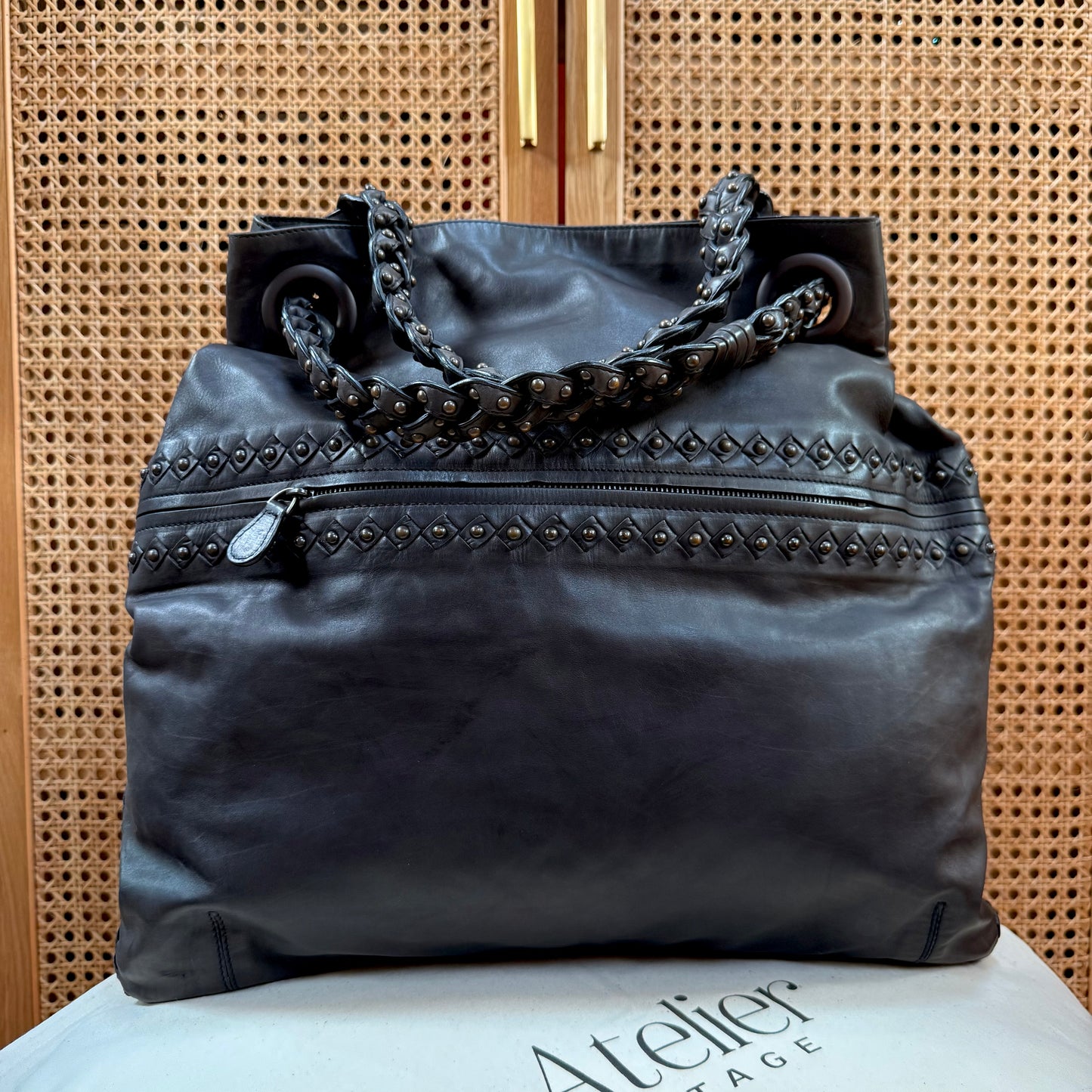 Bottega Veneta 1990s Black Leather Studded Two Way Tote