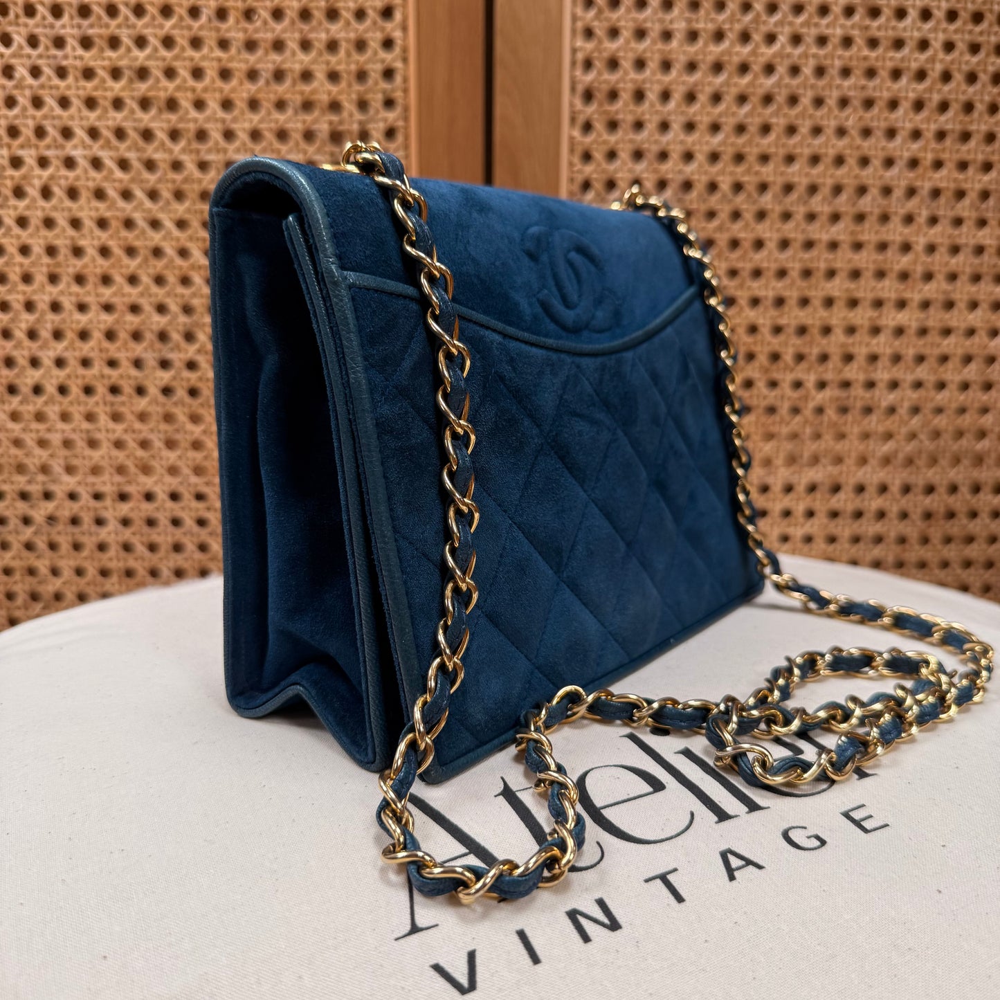 Chanel Rare 1989 Teal Suede CC Quilted Full Flap