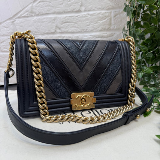 Chanel 2016 Rare Navy Le Boy Caviar & Calf Skin Chevron Old Medium