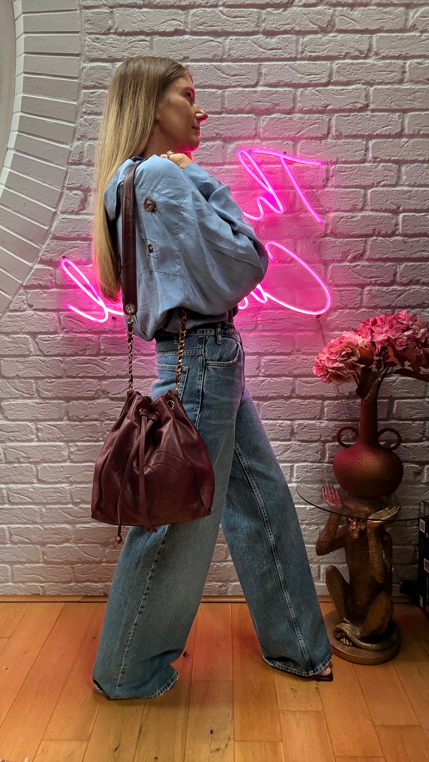 Chanel 1993 Rare Bordeaux Bucket Bag with Pouch