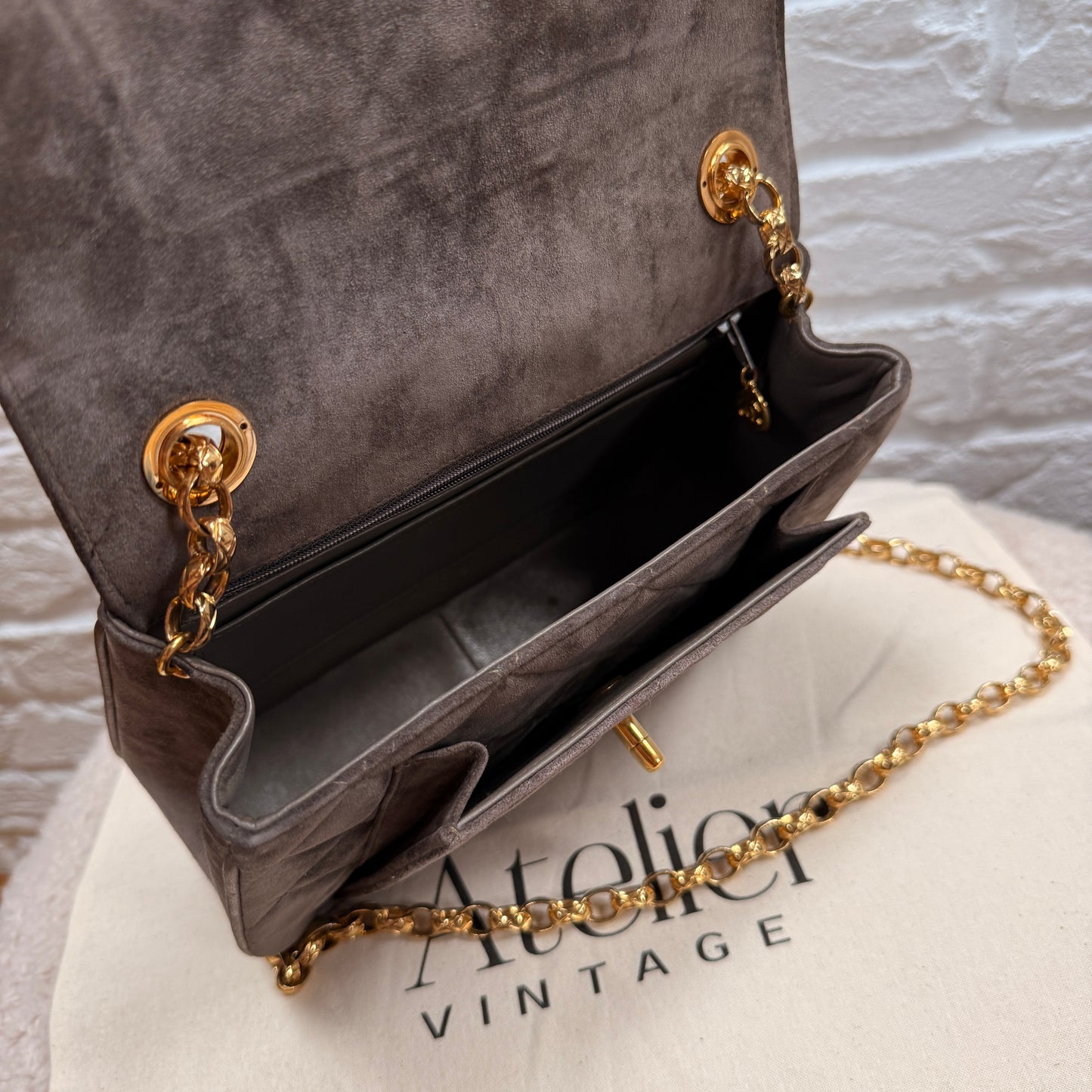 Chanel 1980s Ultra Rare Chanel Limited Edition Bijoux Chain in Taupe Suede and 24k Hold Hardware