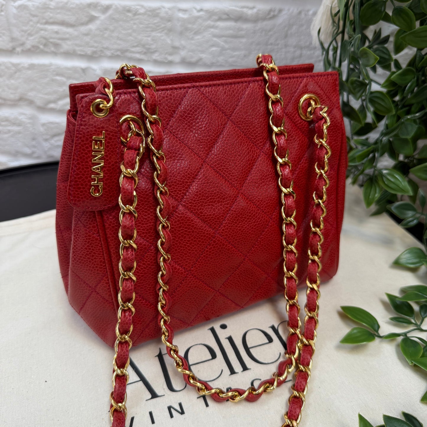 Chanel 1989 Chanel Red Caviar CC Quilted Shoulder Bag