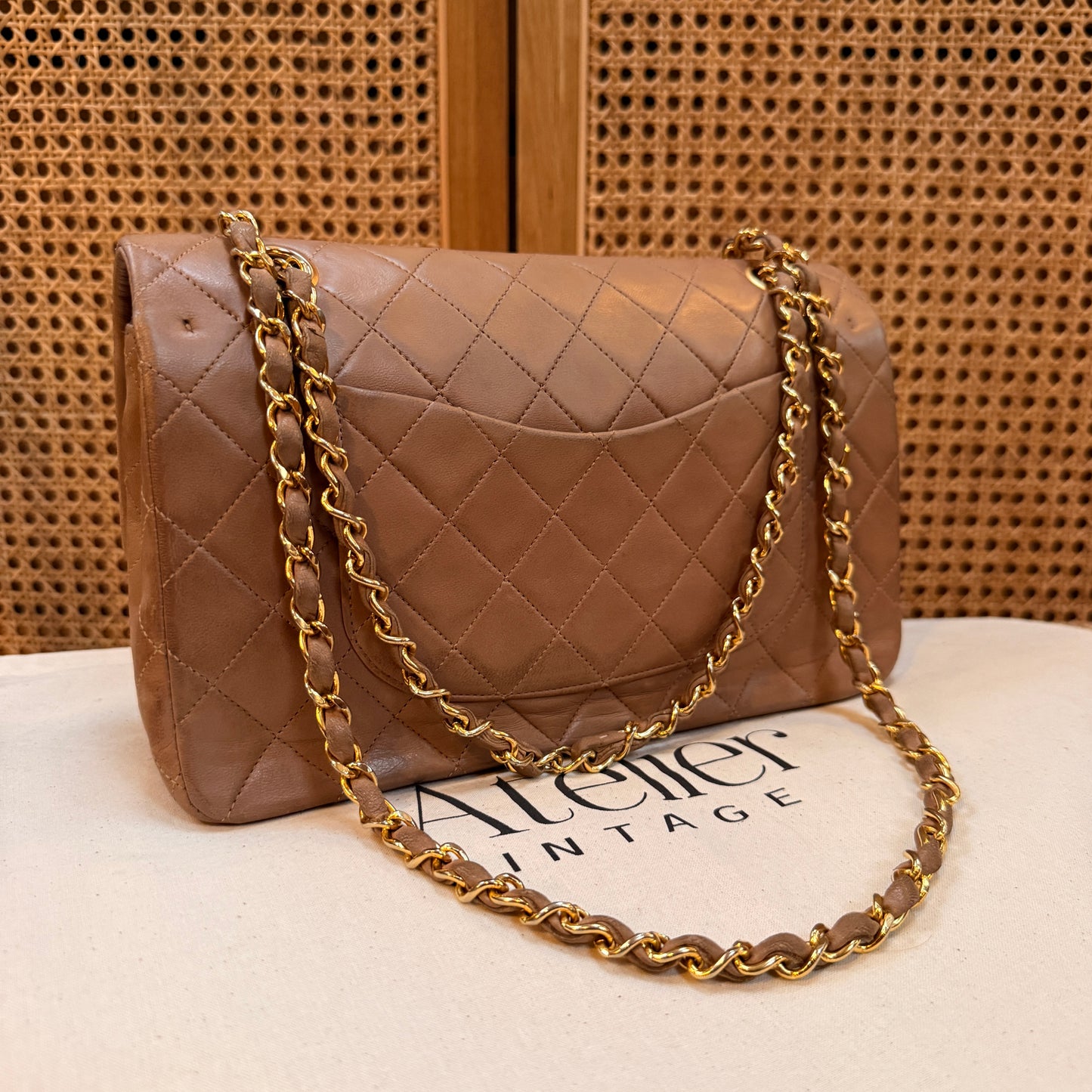 Chanel 1989 Rare Tan Lambskin Leather Classic Double Flap in Medium with 24k Gold Hardware