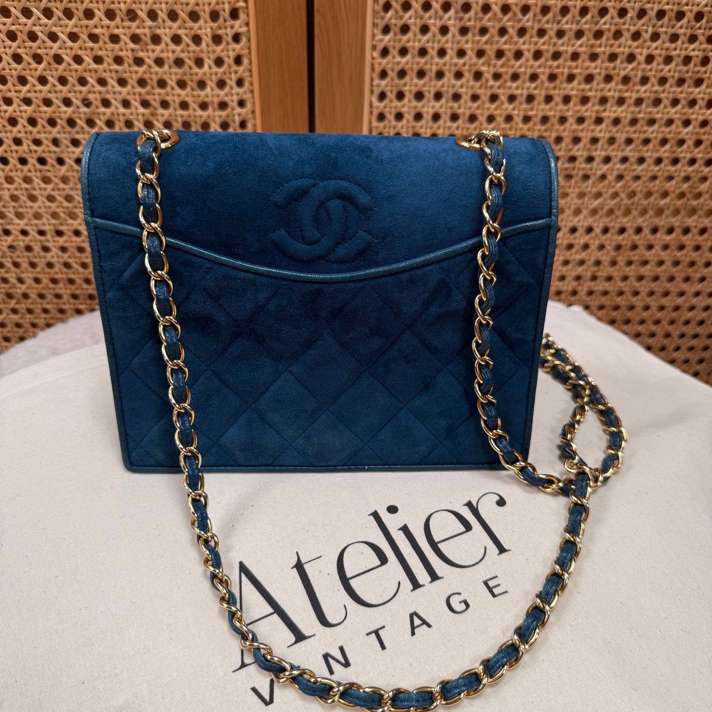 Chanel Rare 1989 Teal Suede CC Quilted Full Flap