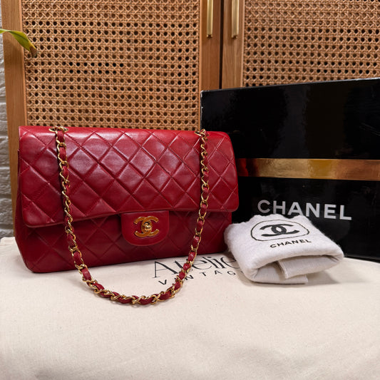 Chanel 1989 Red Lambskin Leather Classic Double Flap in Medium with 24k Gold Hardware