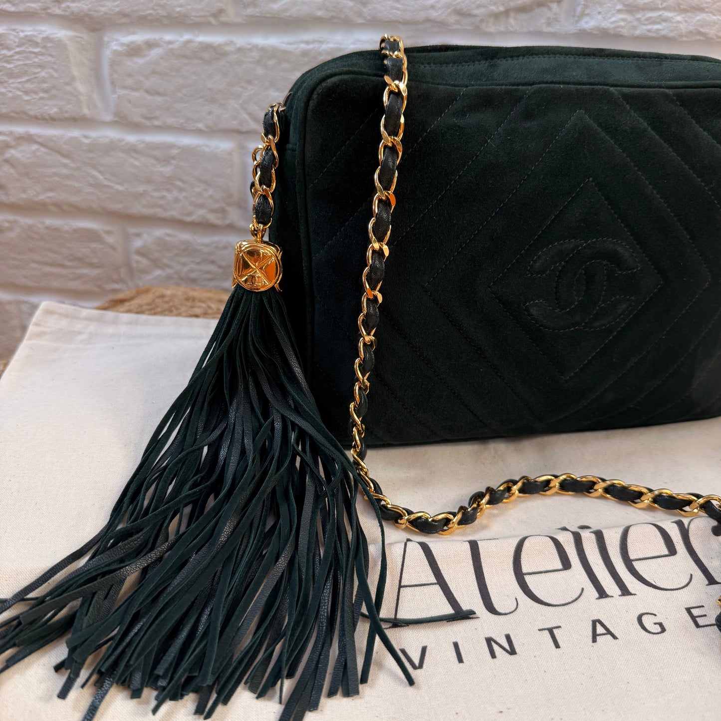 Chanel 1991 Green Suede Camera bag with 24k gold hardware