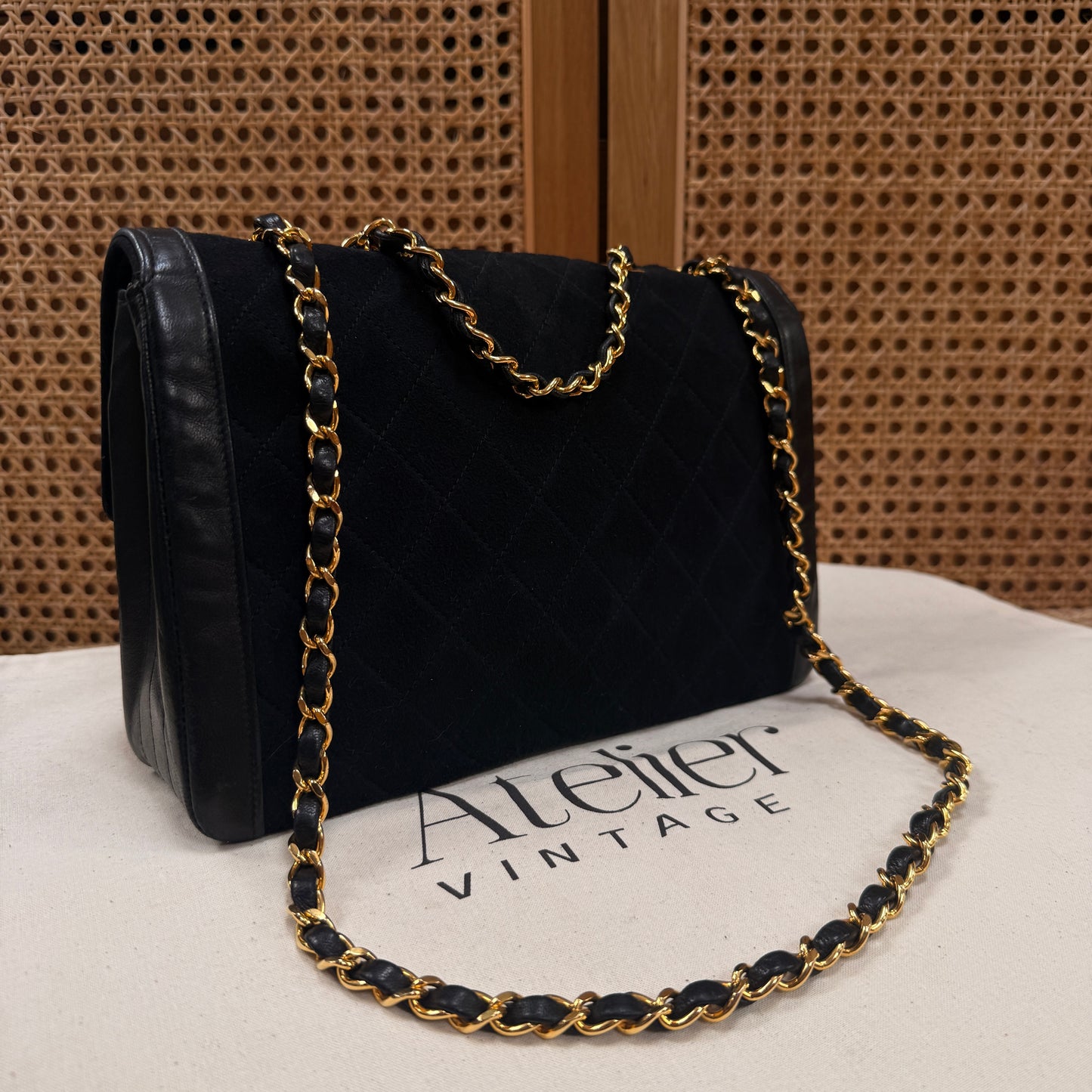 Chanel 1986 rare & limited edition single flap in black suede & Lambskin leather