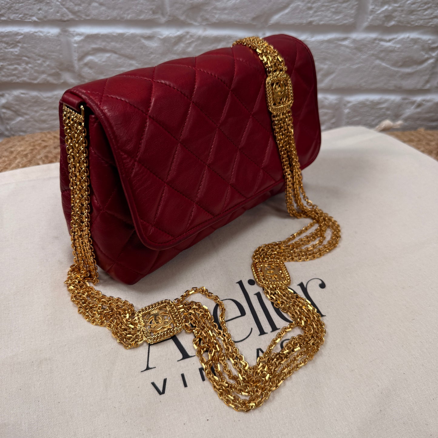 Chanel ULTRA RARE 1986 Single Flap with six strand 24k gold plated chain with CC logo stations