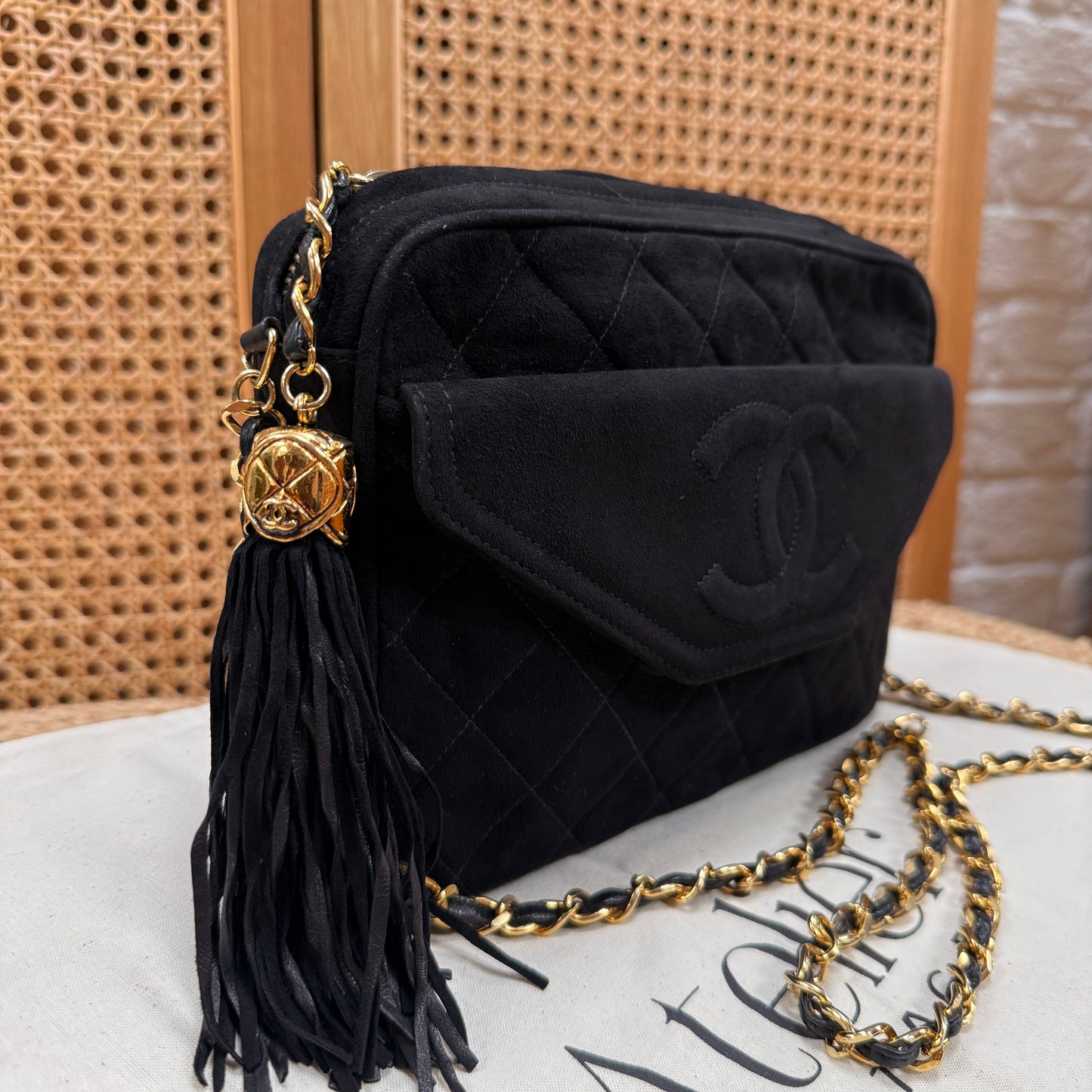 Chanel 1989 Rare Black Suede Front Flap Camera Bag