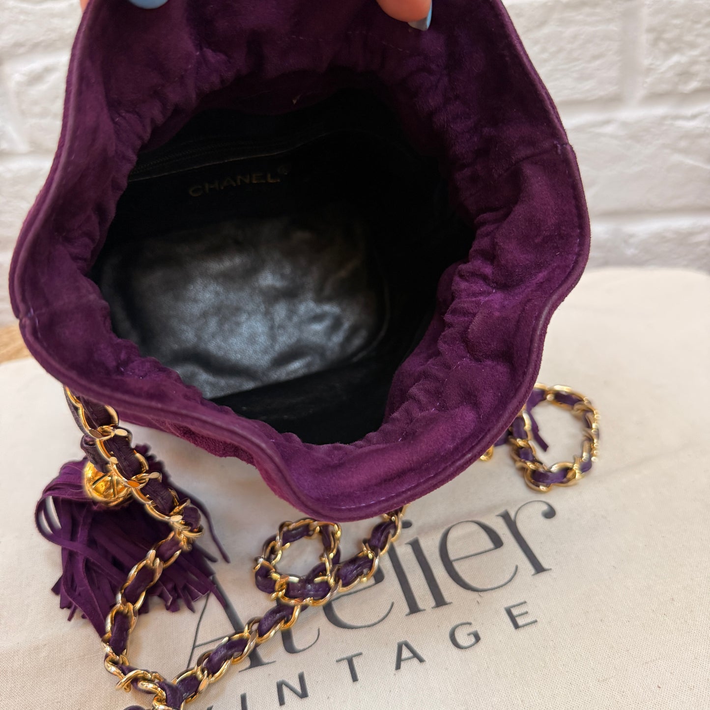 Chanel 1989 ultra rare plum suede Quilted Cross Body Bucket Bag
