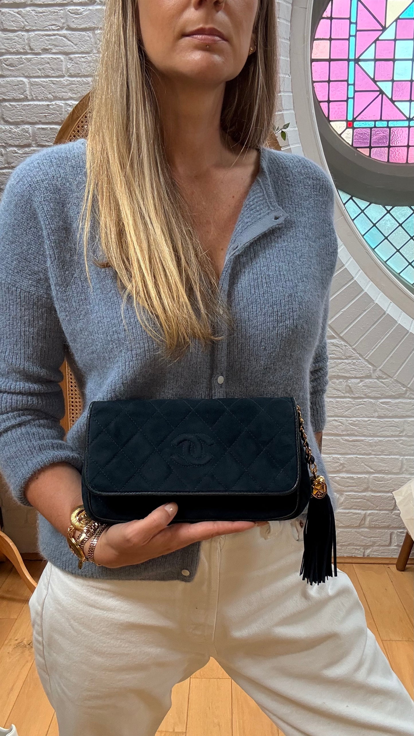 Chanel Rare 1989 Teal Suede CC Quilted Clutch