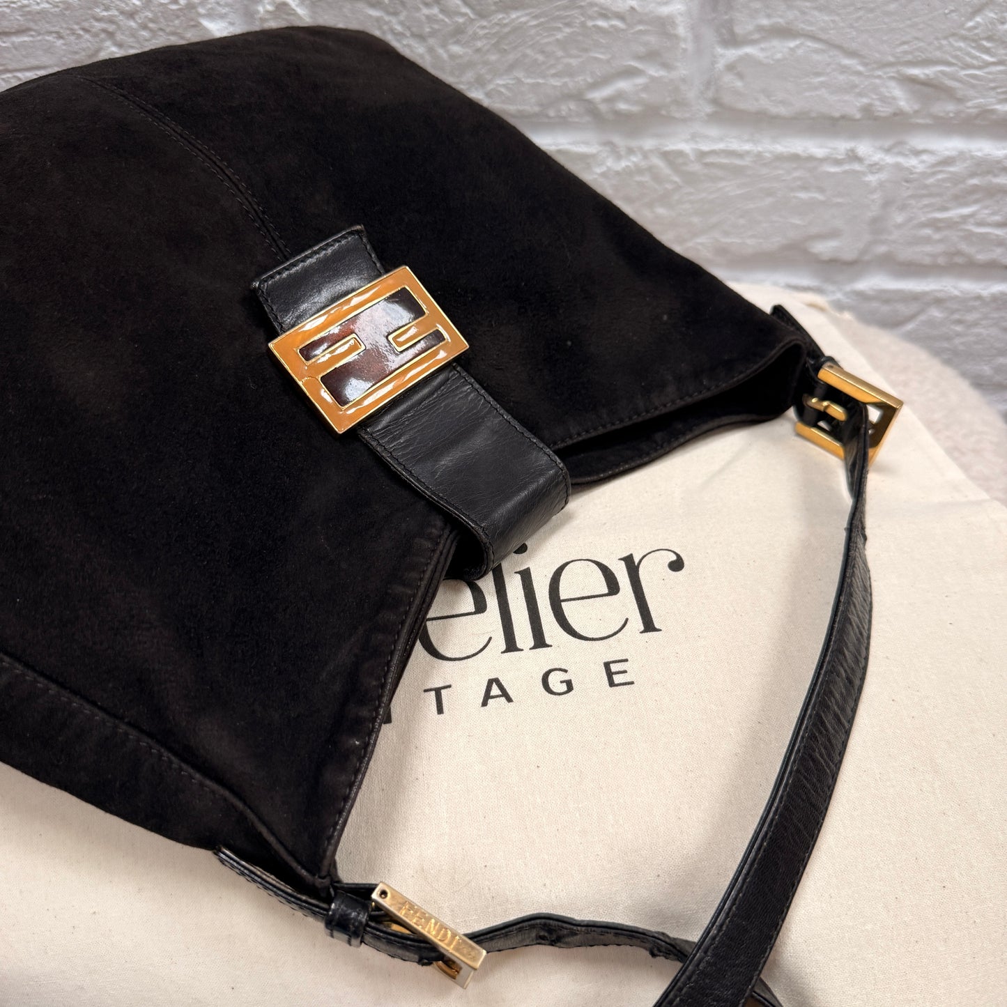 Fendi Rare Fendi Baguette Cross Body Tote in black suede with limited edition enamel closure