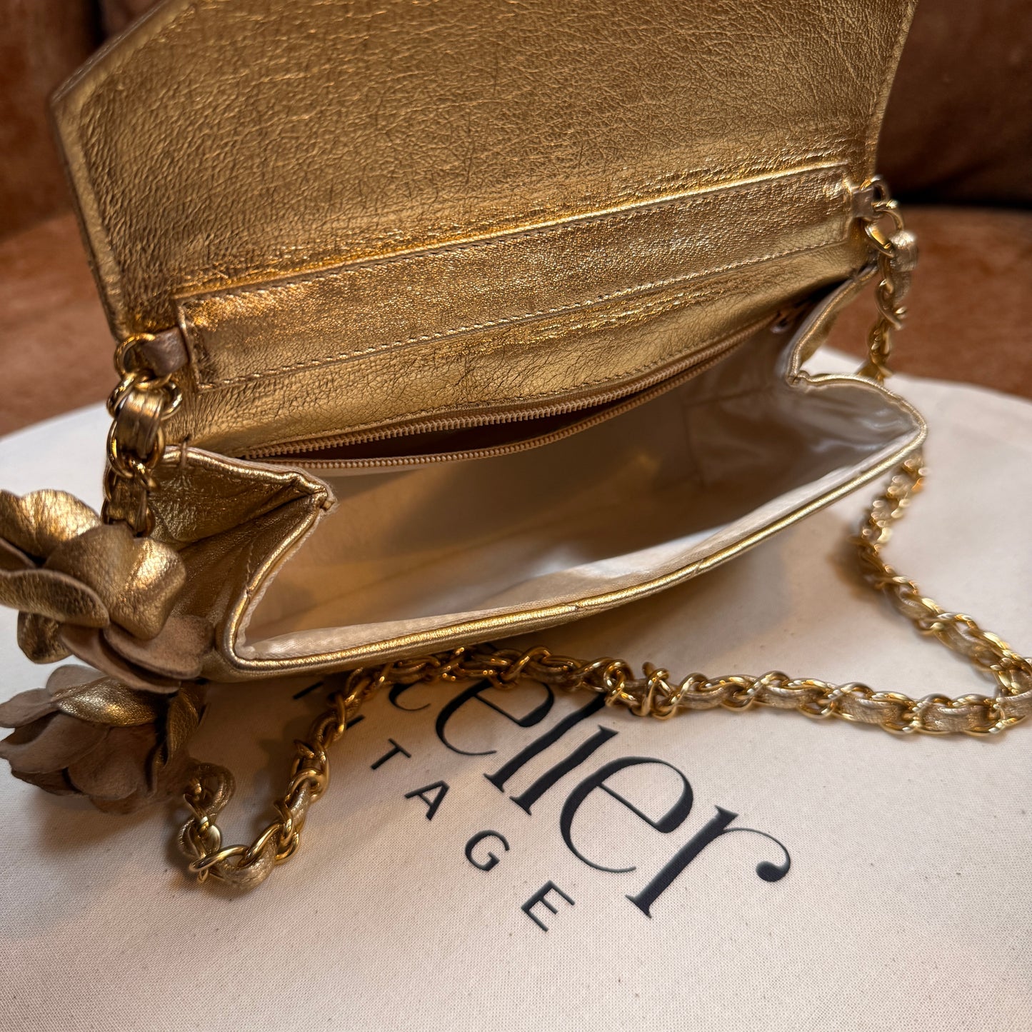 Chanel 1986 Ultra Rare Gold Lambskin Camellia Charm Envelope Flap