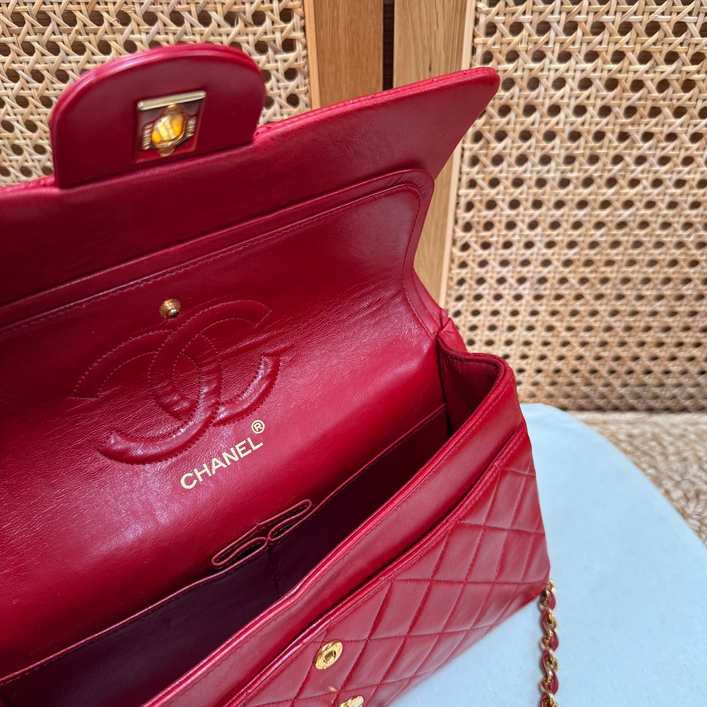 Chanel 1989 Red Lambskin Leather Classic Double Flap in Medium with 24k Gold Hardware