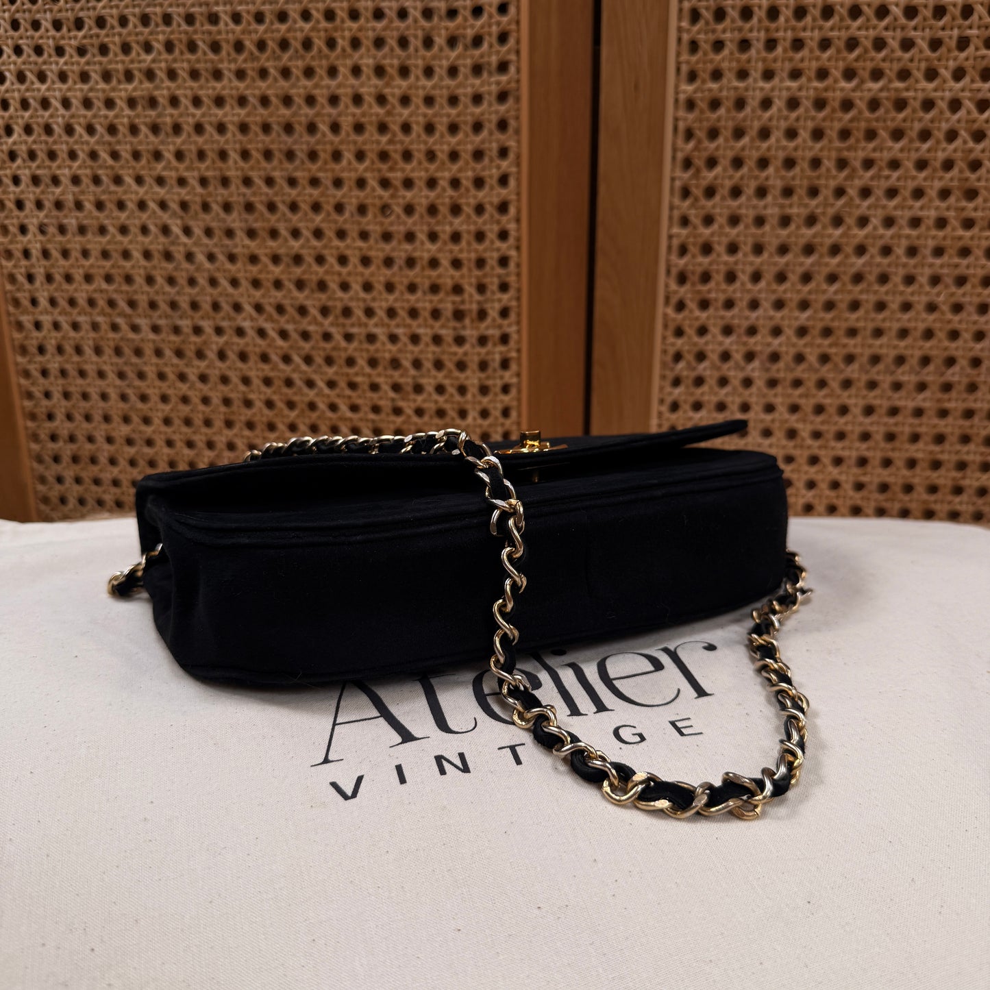 Chanel Rare early 1980s half moon quilted single flap in black suede