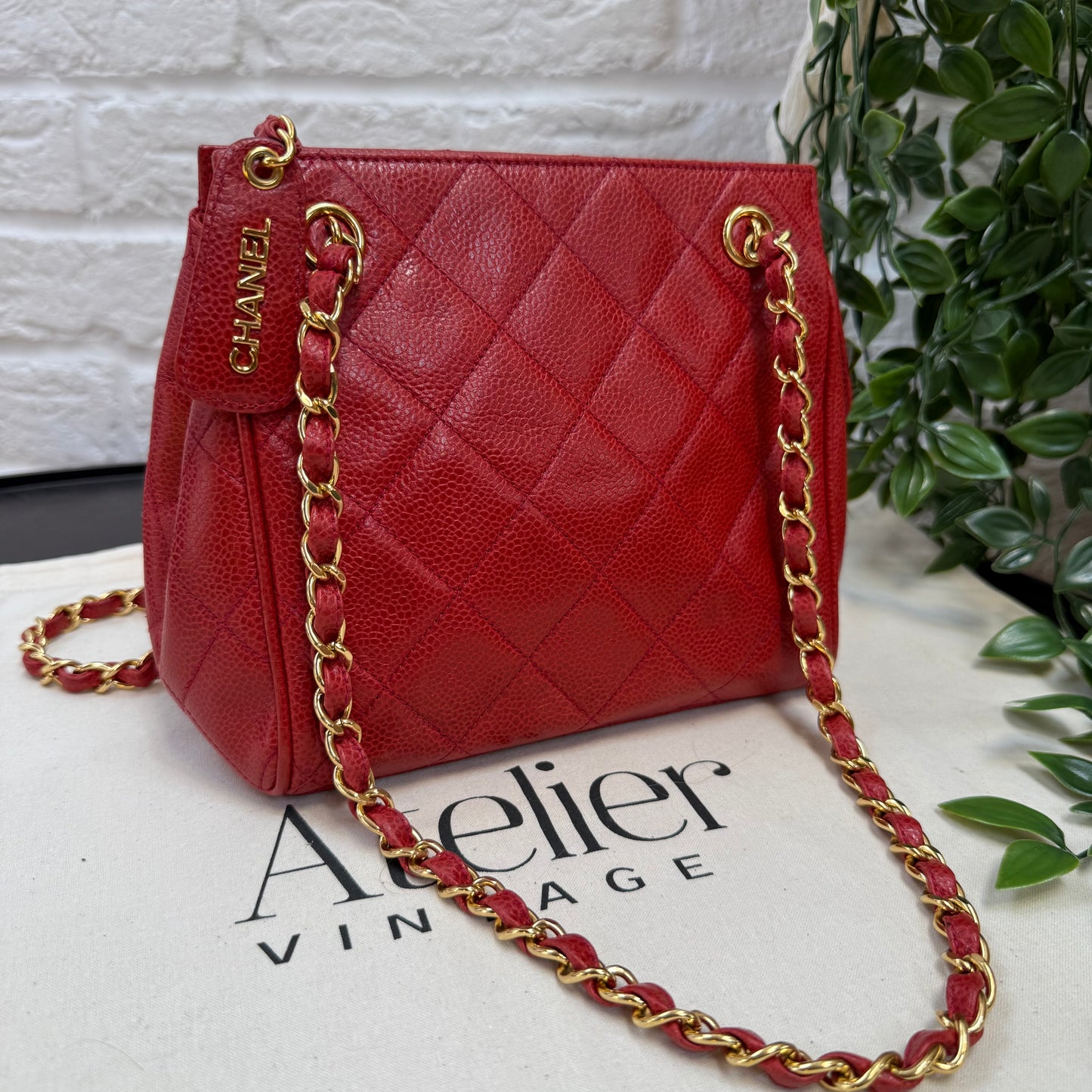 Chanel 1989 Chanel Red Caviar CC Quilted Shoulder Bag