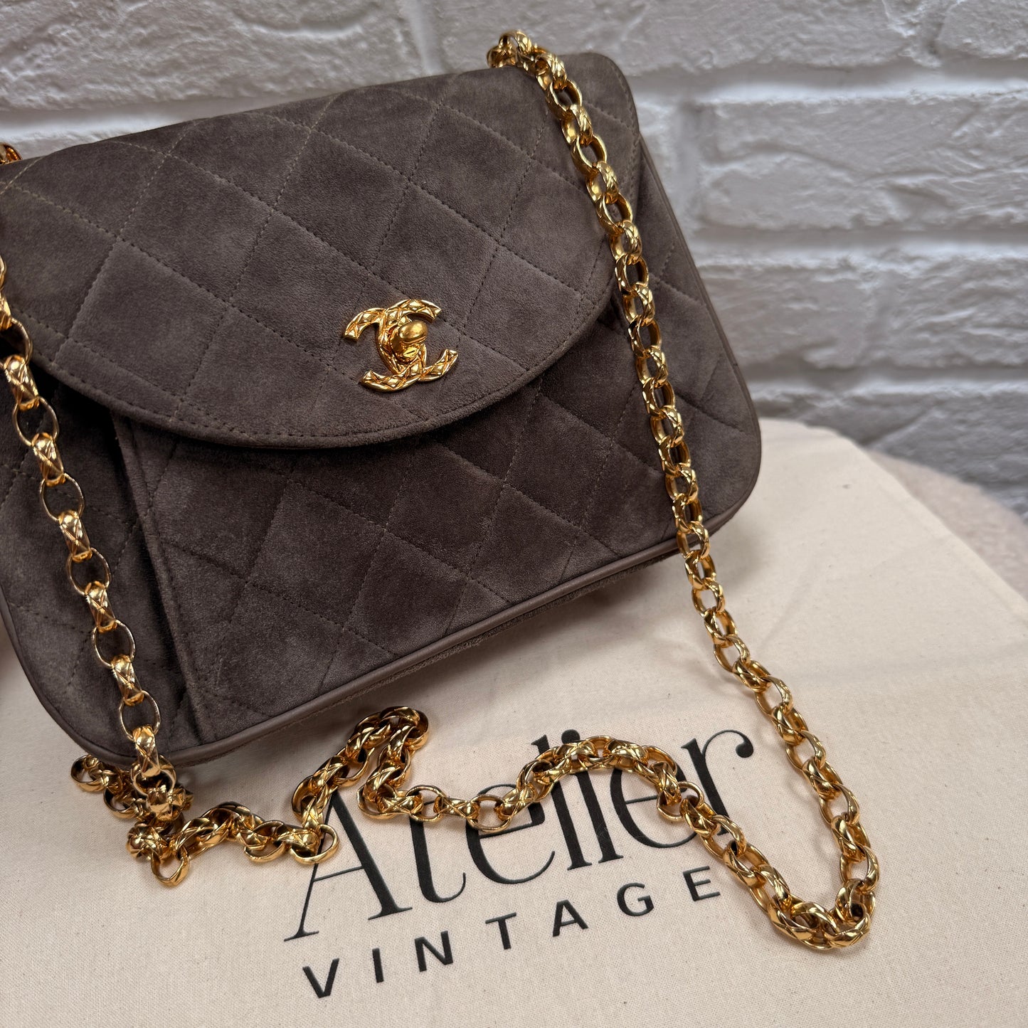 Chanel 1980s Ultra Rare Chanel Limited Edition Bijoux Chain in Taupe Suede and 24k Hold Hardware