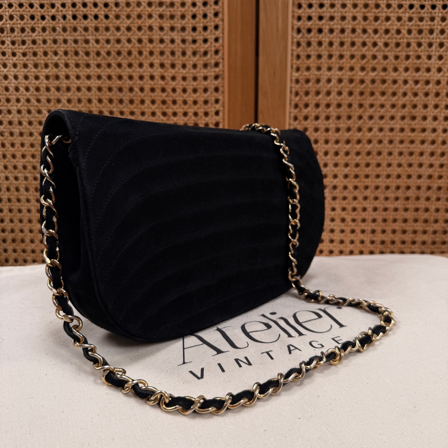 Chanel Rare early 1980s half moon quilted single flap in black suede