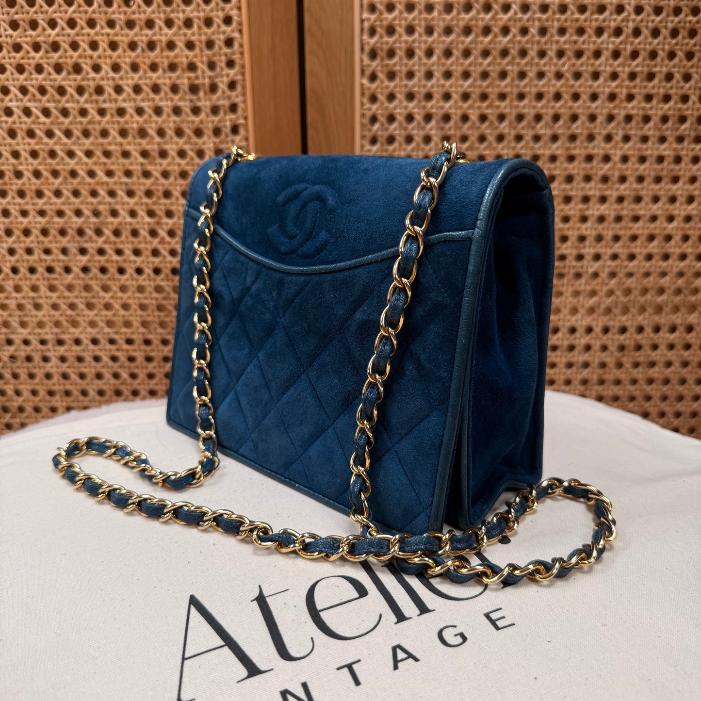 Chanel Rare 1989 Teal Suede CC Quilted Full Flap