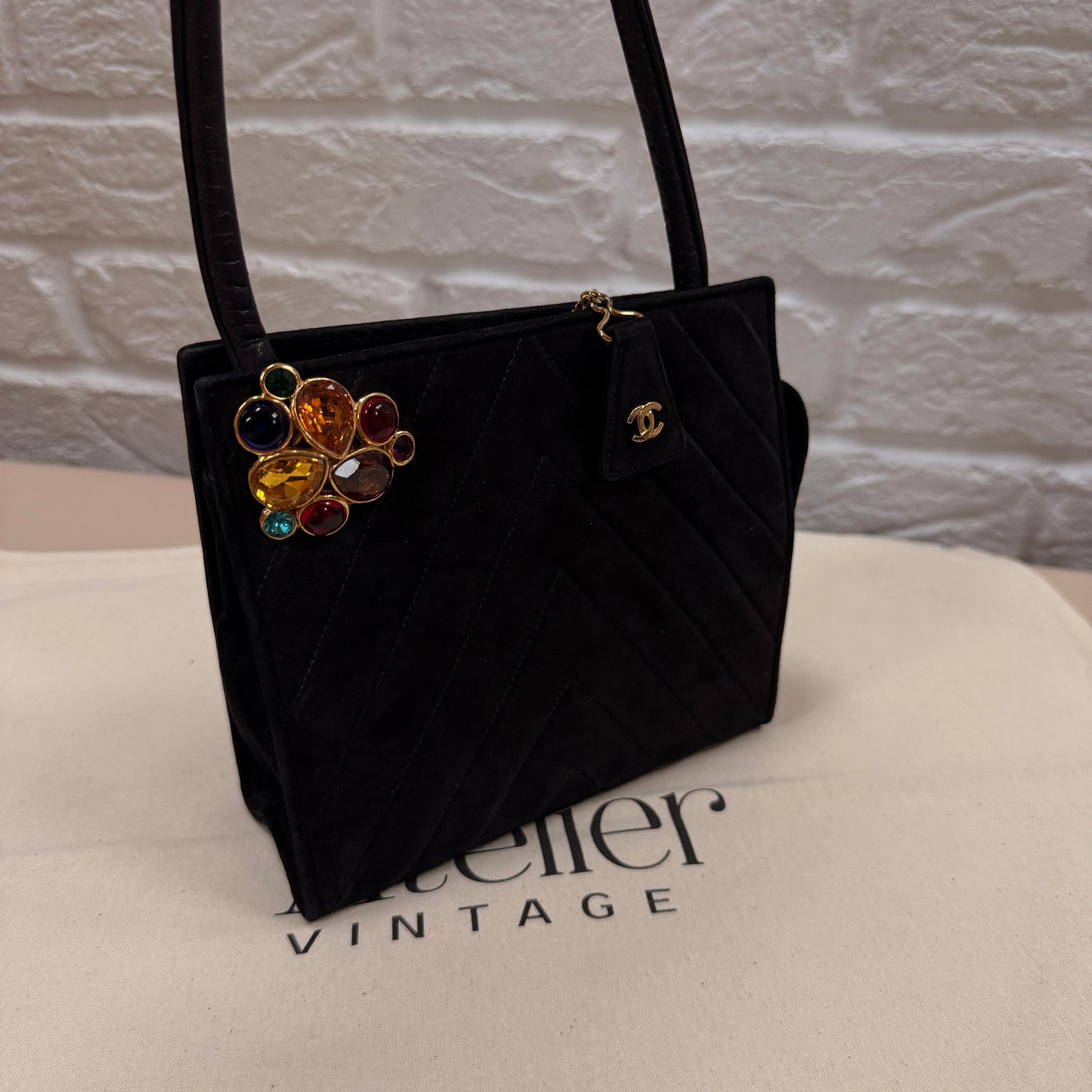 Chanel 1989 Chanel Black Suede & Leather Cross body with rare Gripoix Stone and CC charm Zip Pull