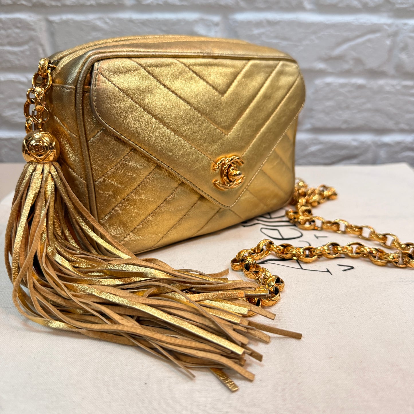 Chanel 1991 Ultra Rare Chevron Quilted Turnlock Camera Bag in Gold Lambskin Leather with 24k gold hardware