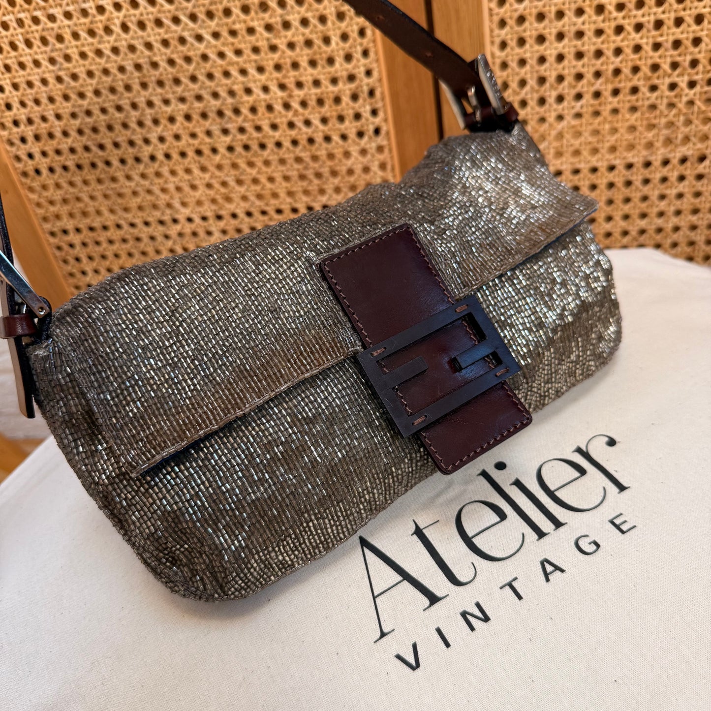 Fendi 2001 Rare Fendi Baguette Champagne - Limited Edition full glass beaded with chocolate leather