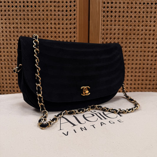 Chanel Rare early 1980s half moon quilted single flap in black suede
