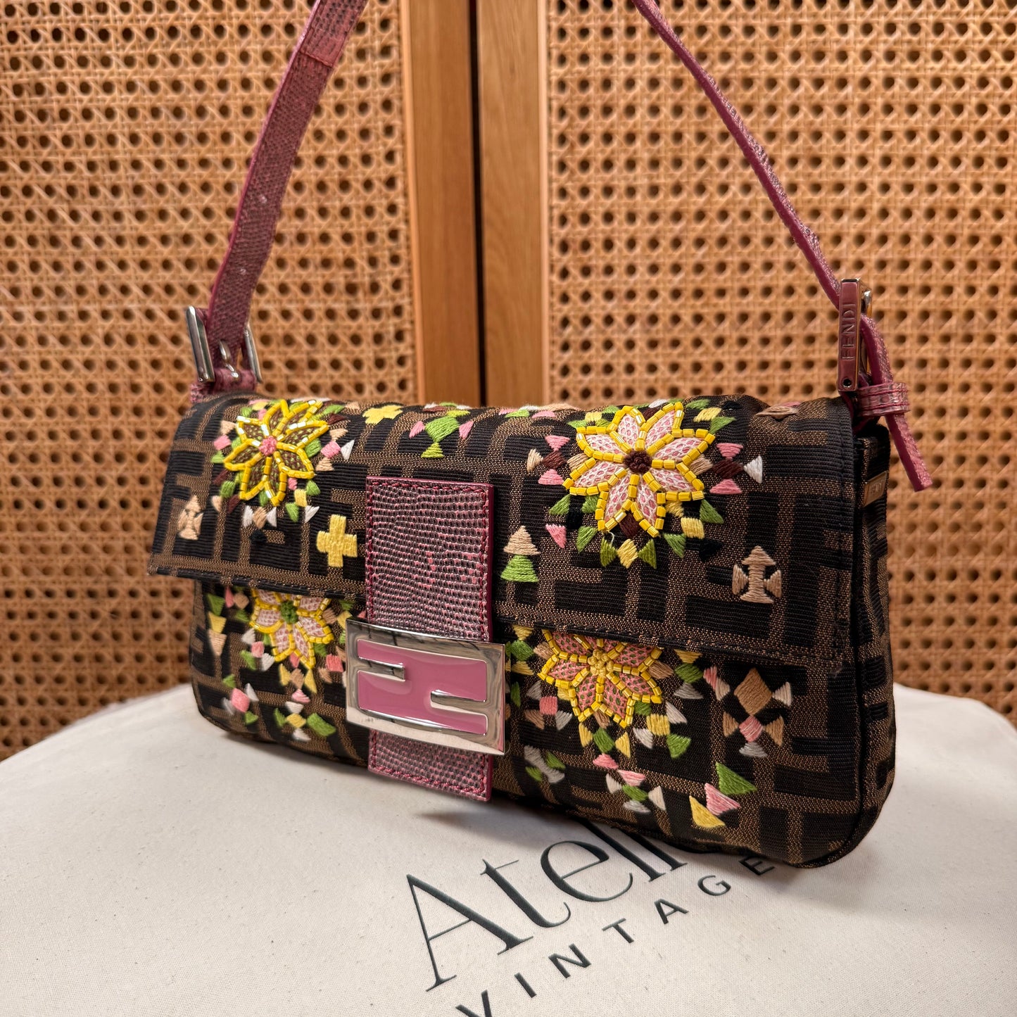 Fendi 2004 Rare Baguette Embroidered Zucca Print - Limited Edition glass bead and embroidered with exotic leather