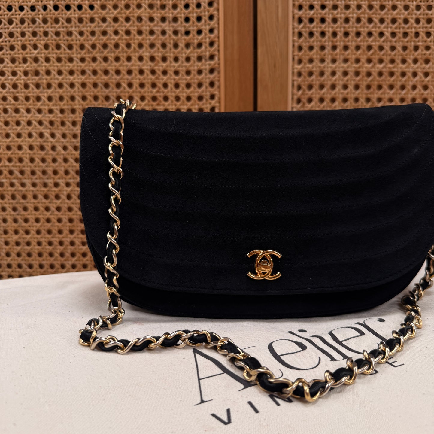 Chanel Rare early 1980s half moon quilted single flap in black suede