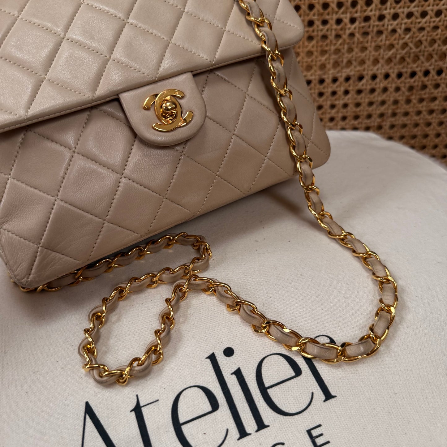 Chanel 1991 Beige Classic Medium Square Single Flap