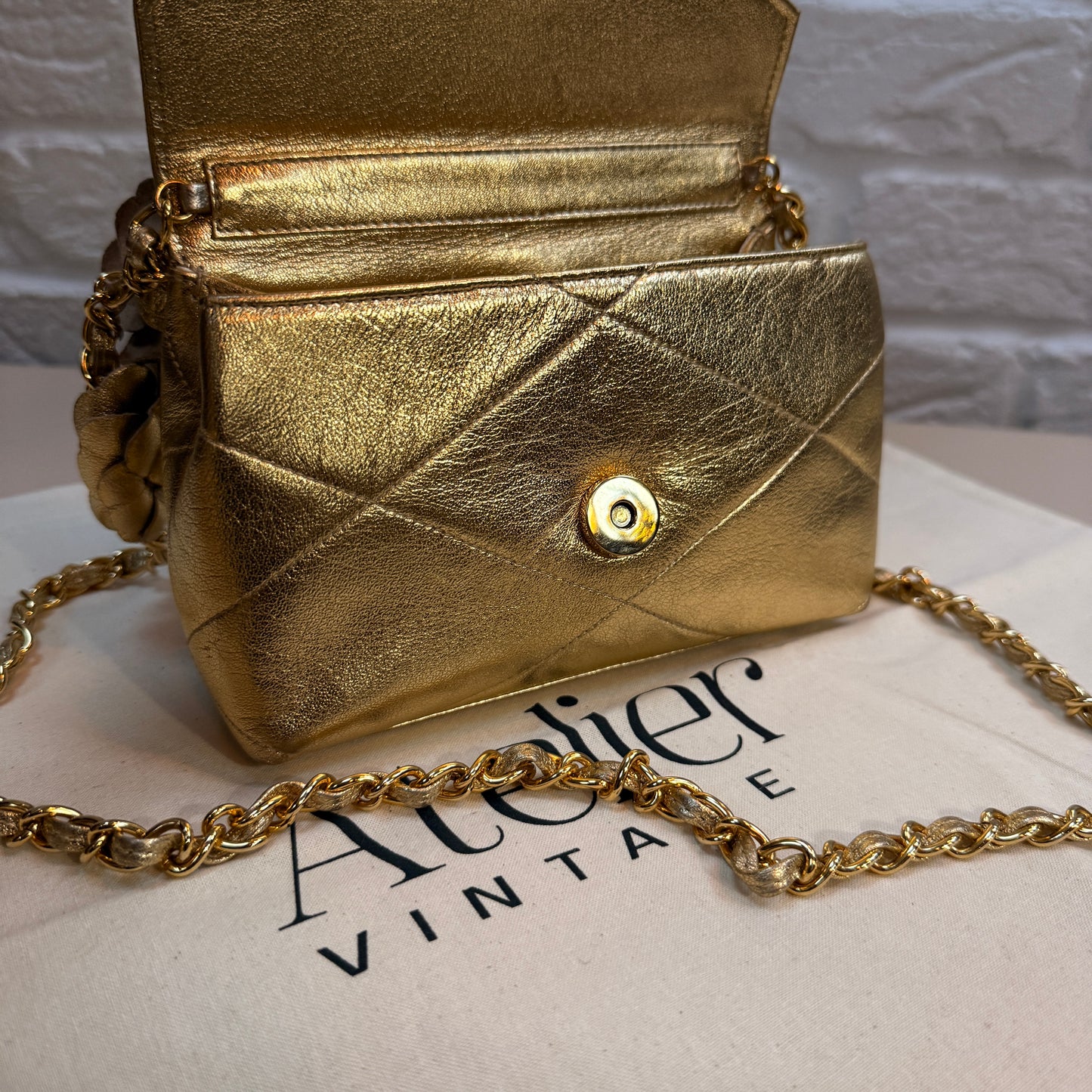 Chanel 1986 Ultra Rare Gold Lambskin Camellia Charm Envelope Flap