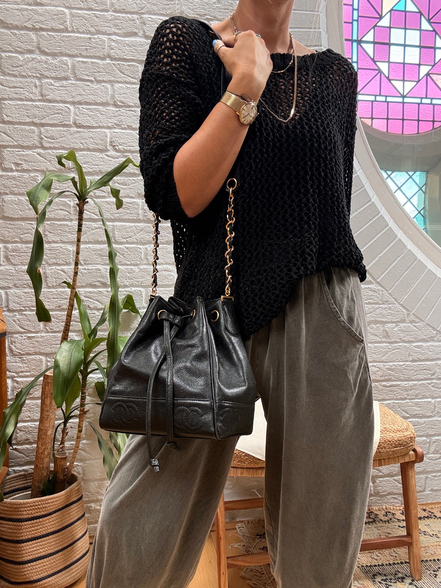 Chanel 1996 Triple CC Caviar bucket bag with pouch