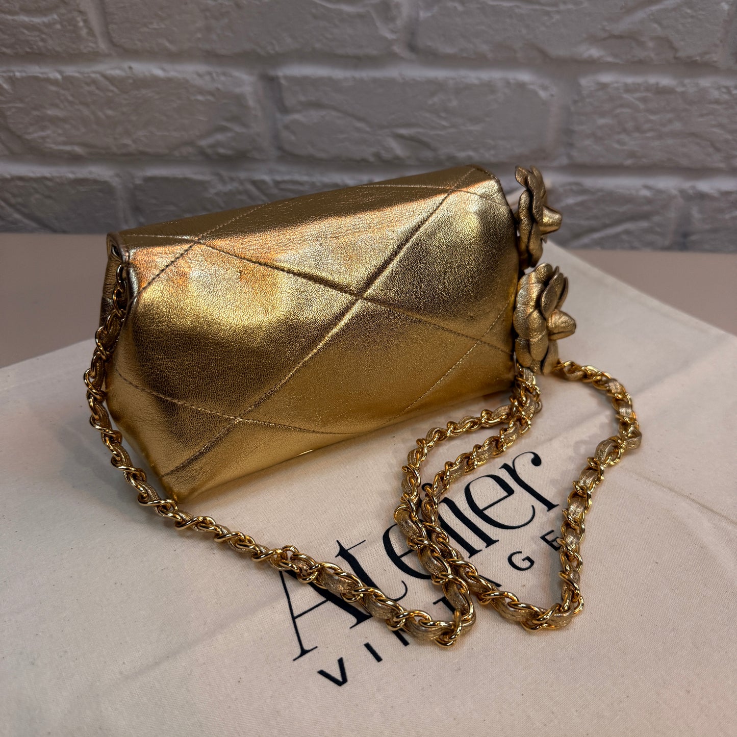 Chanel 1986 Ultra Rare Gold Lambskin Camellia Charm Envelope Flap
