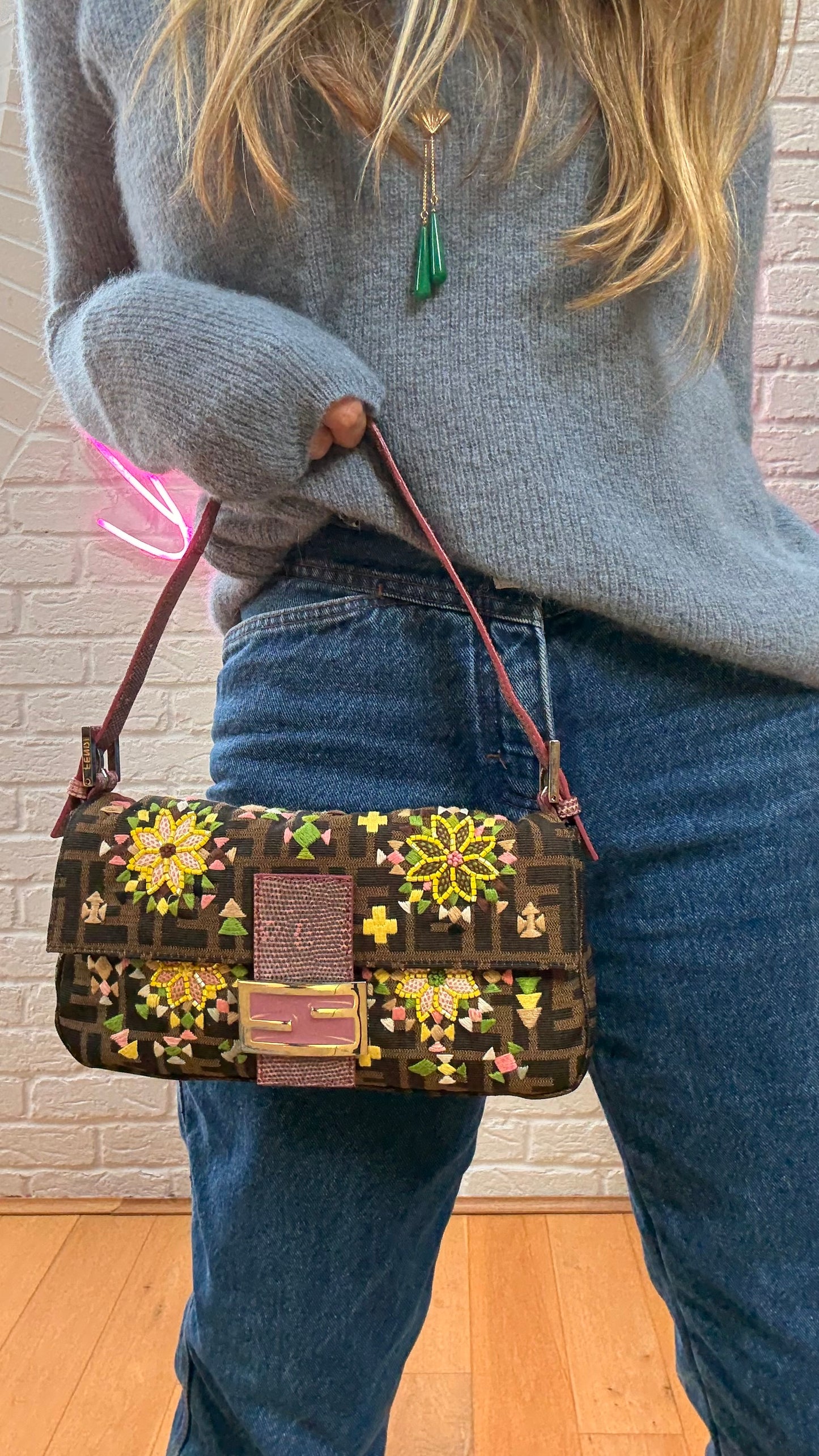 Fendi 2004 Rare Baguette Embroidered Zucca Print - Limited Edition glass bead and embroidered with exotic leather