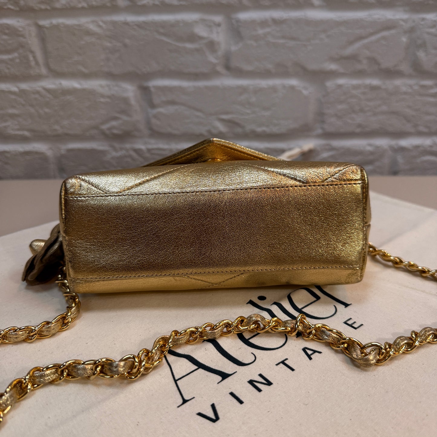 Chanel 1986 Ultra Rare Gold Lambskin Camellia Charm Envelope Flap
