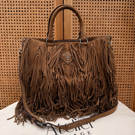 Prada Saffiano Two Way Suede Fringed tote