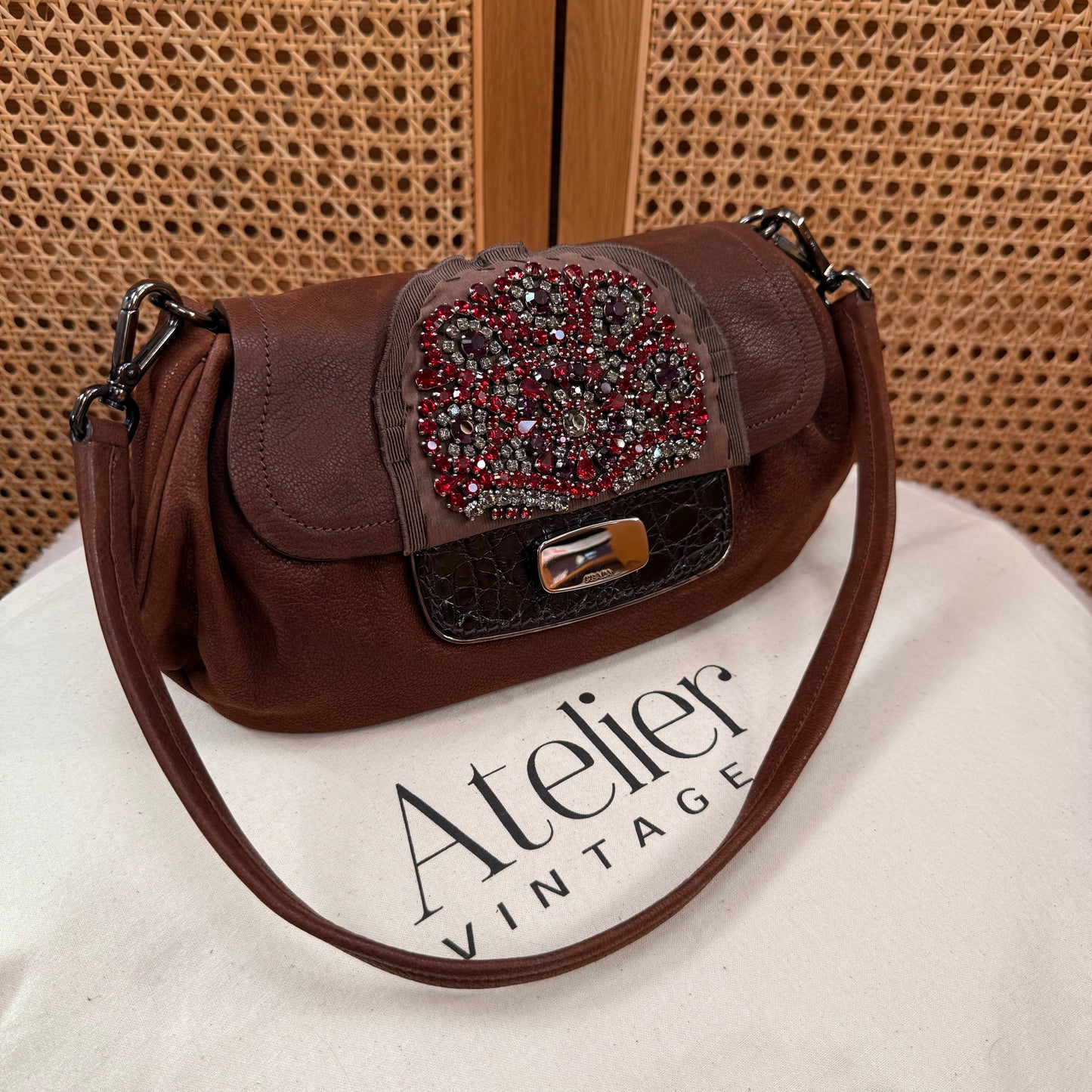 Prada 2002 Brown & Embellished Jewel Two Way Shoulder Bag