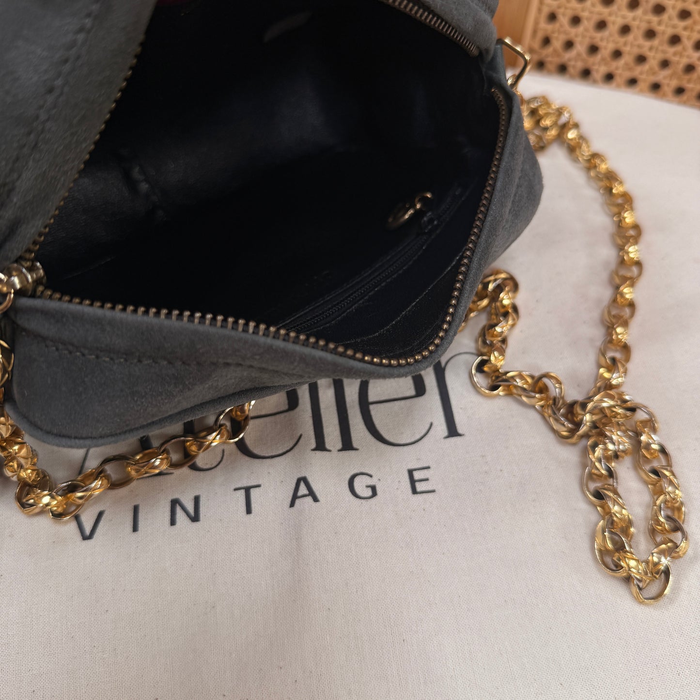 Chanel 1994 rare camera bag with bijoux chain in slate grey suede