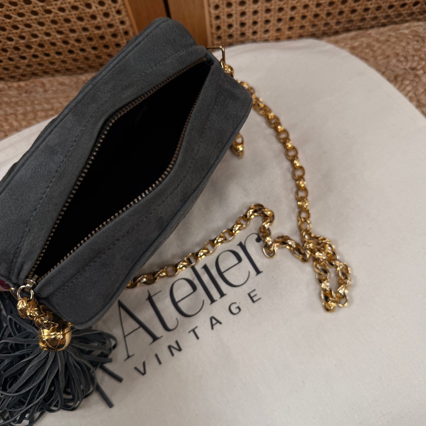 Chanel 1994 rare camera bag with bijoux chain in slate grey suede