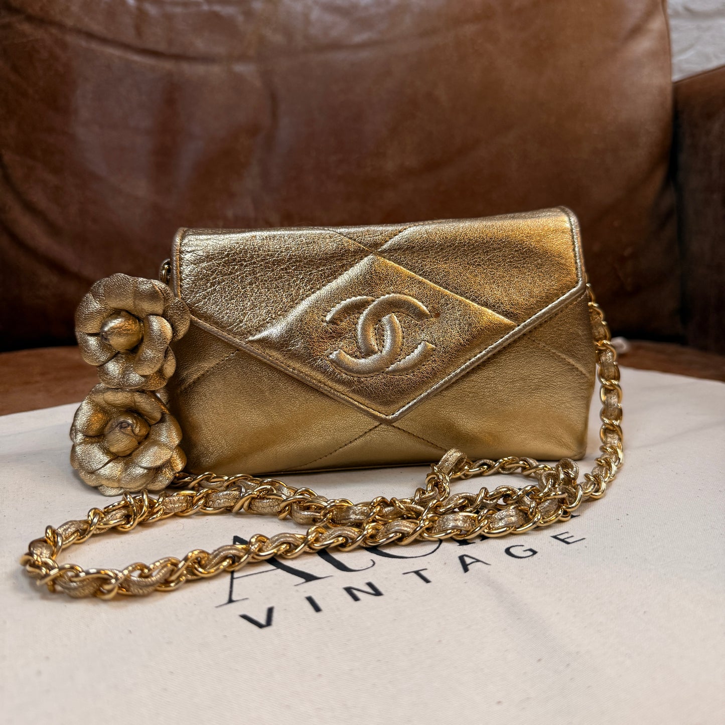 Chanel 1986 Ultra Rare Gold Lambskin Camellia Charm Envelope Flap
