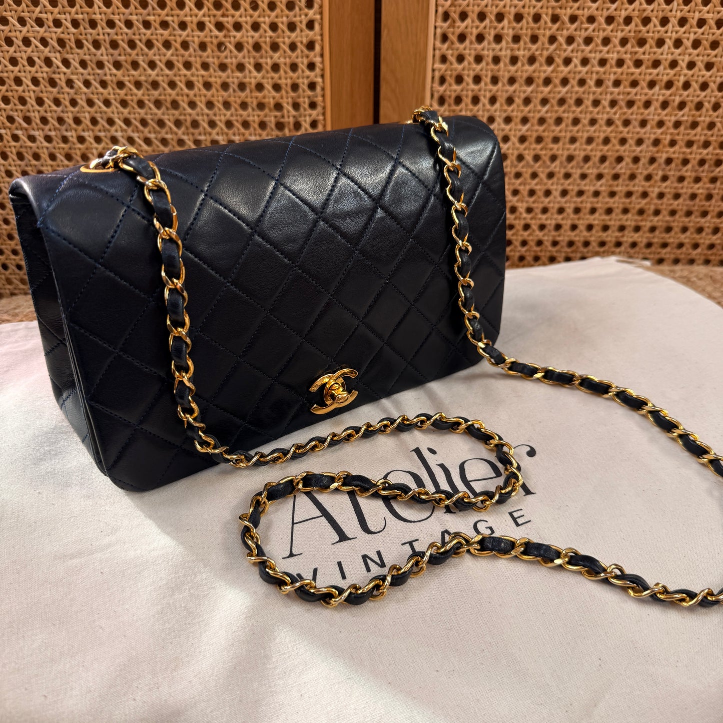 Chanel 1989 Rare Navy Classic Medium Rectangle Full Flap