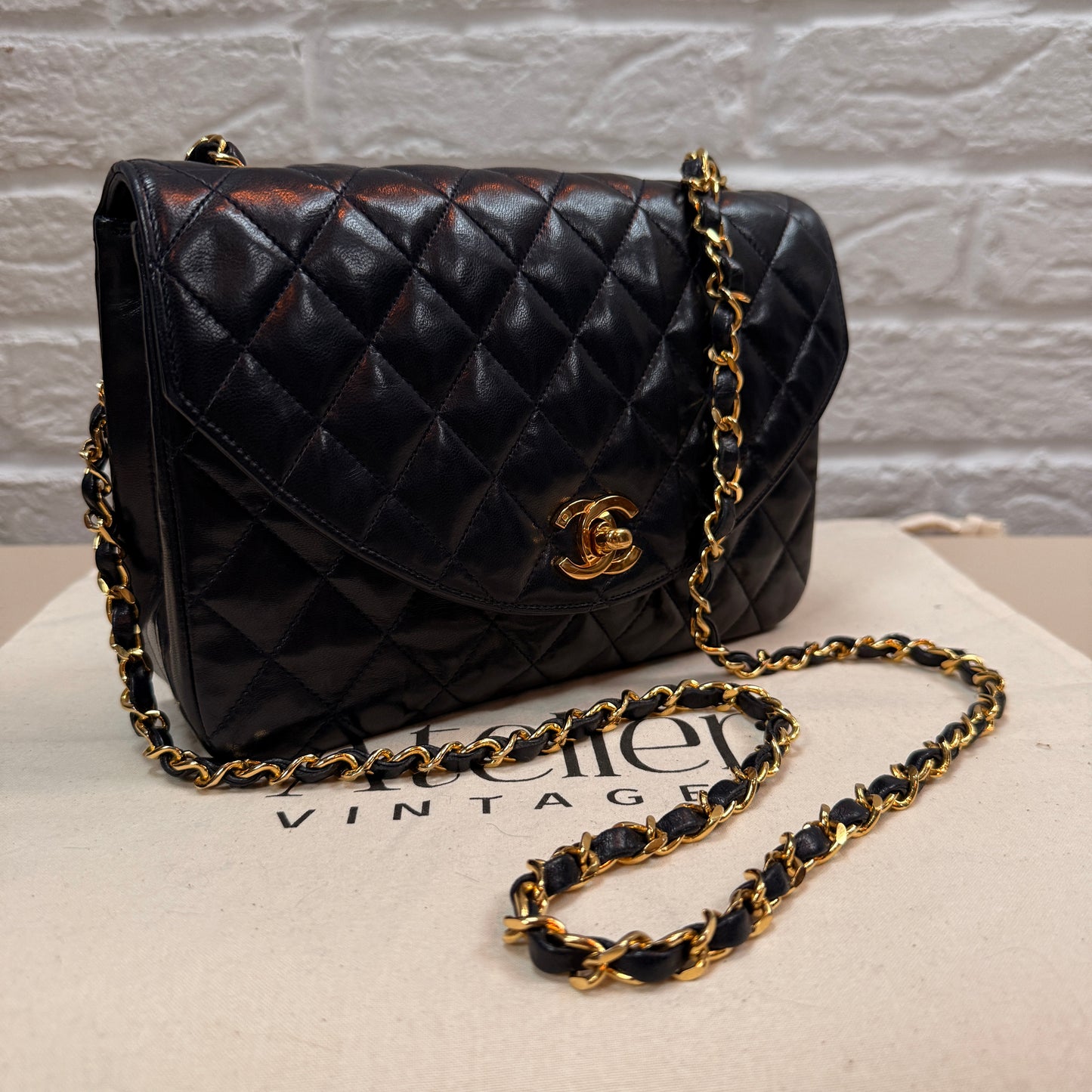 Chanel 1986 Rare Navy Lambskin Half Moon Single Flap with 24k Gold Hardware