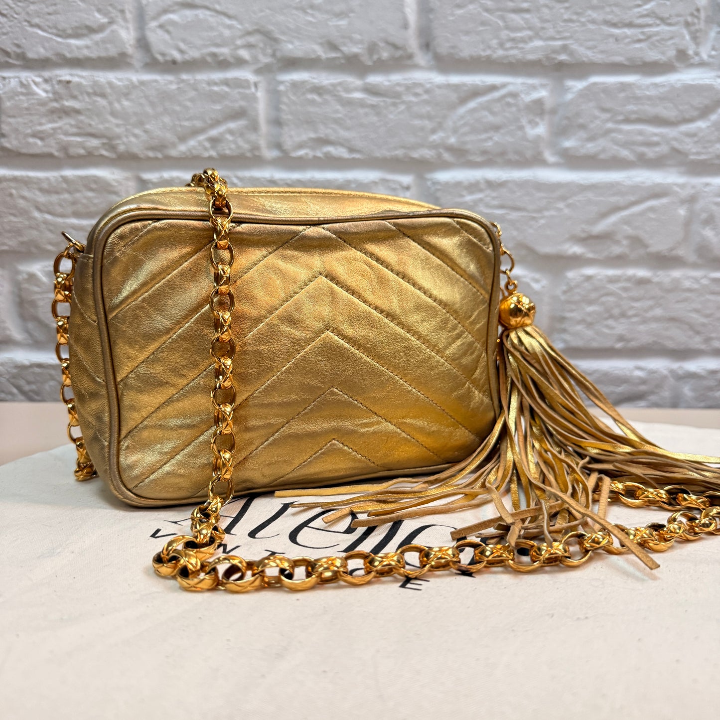 Chanel 1991 Ultra Rare Chevron Quilted Turnlock Camera Bag in Gold Lambskin Leather with 24k gold hardware