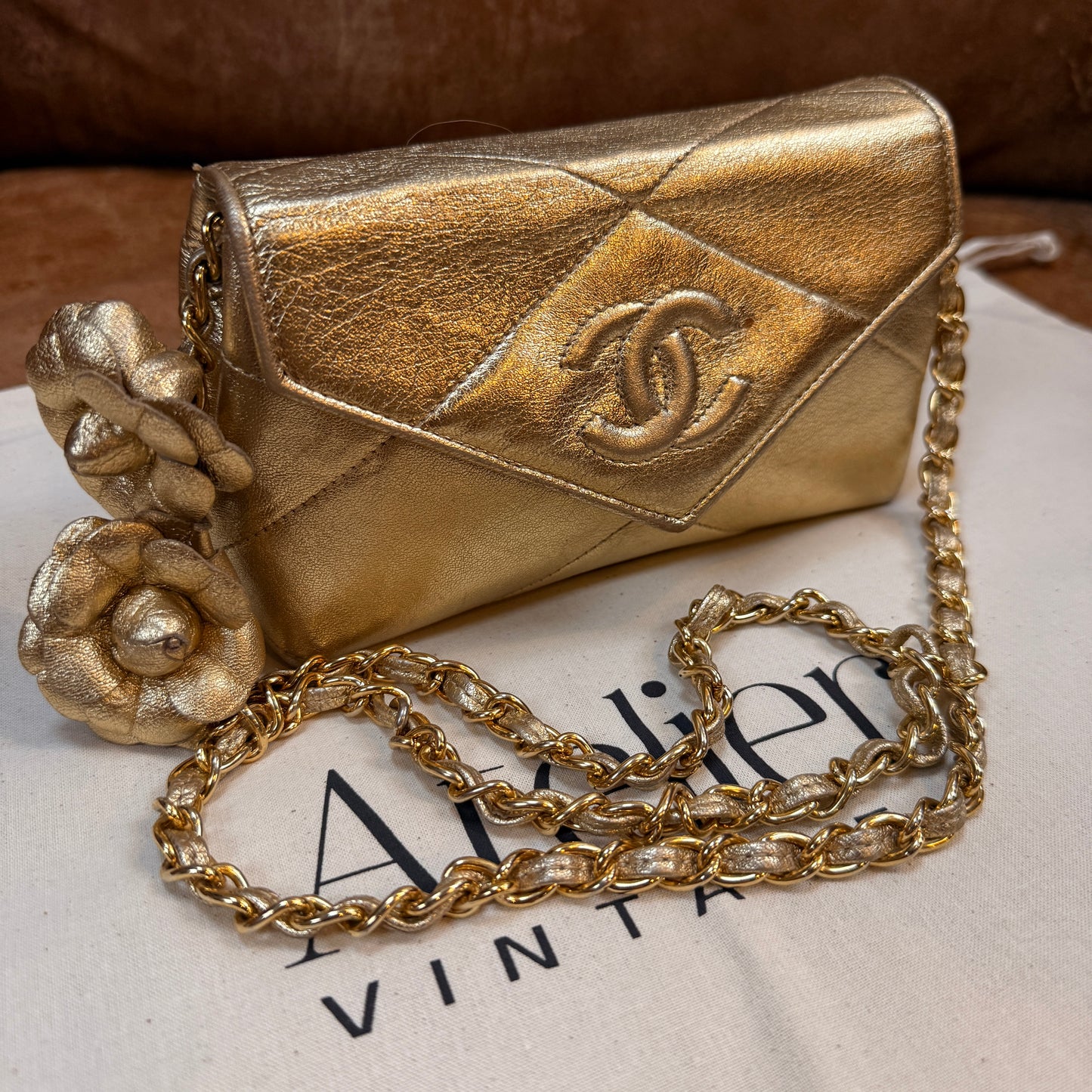 Chanel 1986 Ultra Rare Gold Lambskin Camellia Charm Envelope Flap