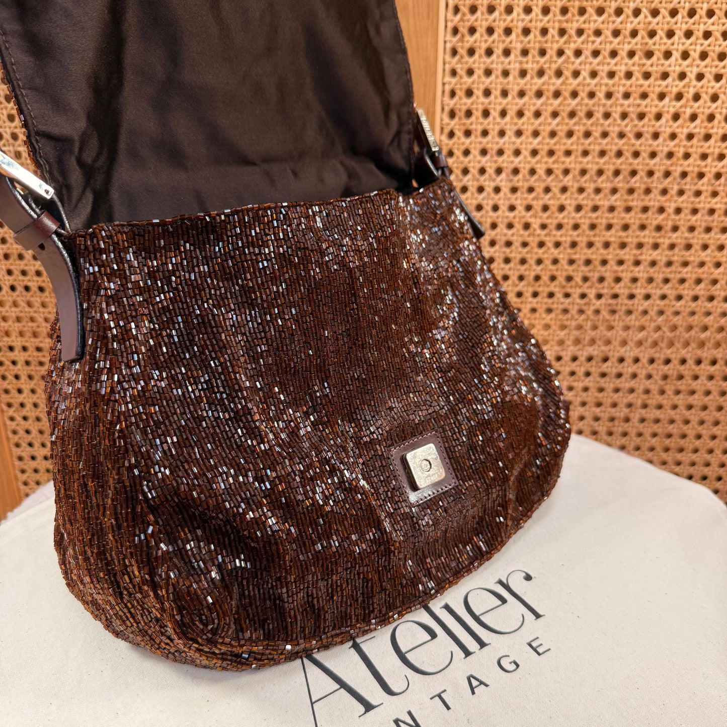 Fendi 2000 Rare Mamma Baguette Bronze - Limited Edition full glass beaded with chocolate leather