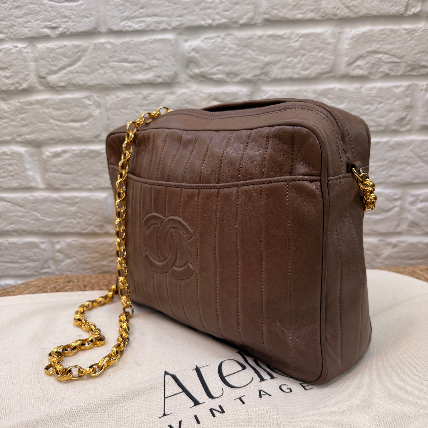 Chanel Rare 1980s Mademoiselle Camera Bag with Bijoux chain in Taupe