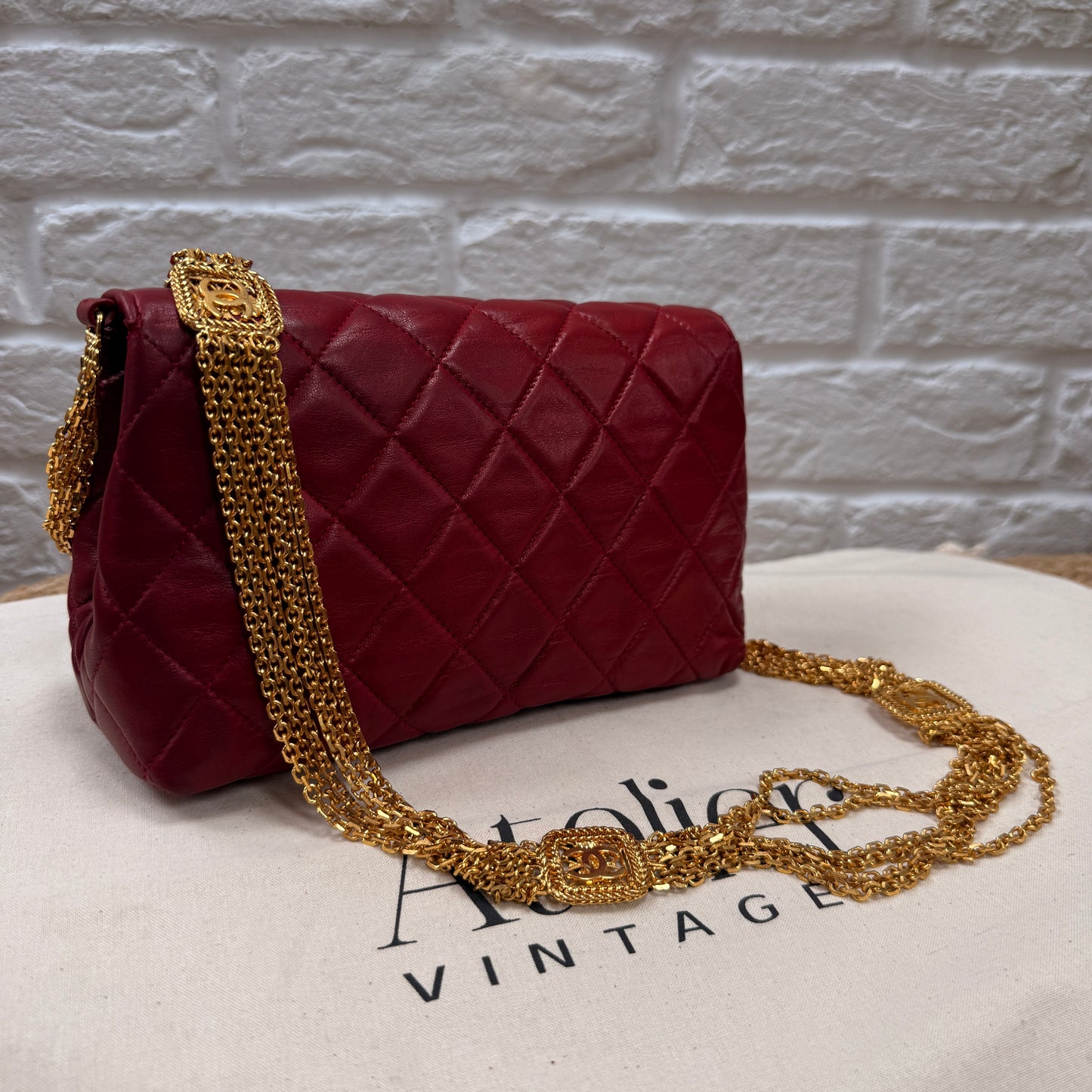 Chanel ULTRA RARE 1986 Single Flap with six strand 24k gold plated chain with CC logo stations