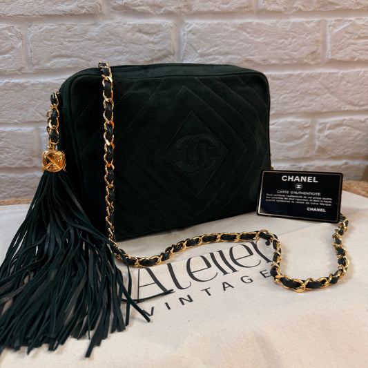 Chanel 1991 Green Suede Camera bag with 24k gold hardware